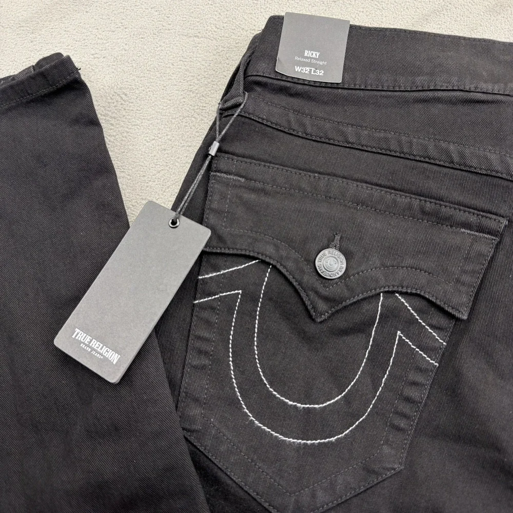 True Religion Ricky Straight Jeans Mens 32x32 Black Denim Flap SN Relaxed $149